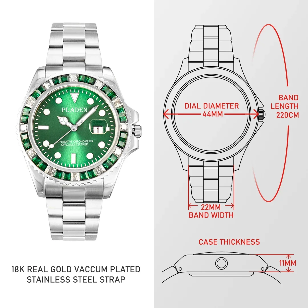 Pladen-luxo Diamante Bisel Relógio de Quartzo para Homens Relógios de Ouro Vidro de Safira Mergulho de Aço Inoxidável Relógio Masculino Novo - Image 3