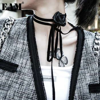 

[EAM] Women Black Velvet Bandage Stitch Long Flower Necklace New Temperament Fashion Tide All-match Spring Autumn 2020 1Y374