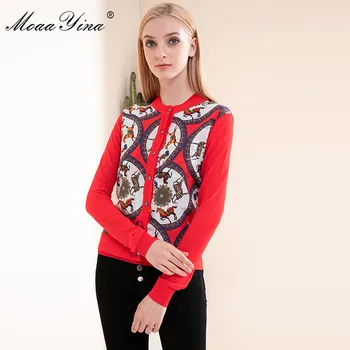 

MoaaYina Spring Fashion Long sleeve Knitting Tops Women's Elegant Geometric Print Cardigans Red Silk Wool Sweater