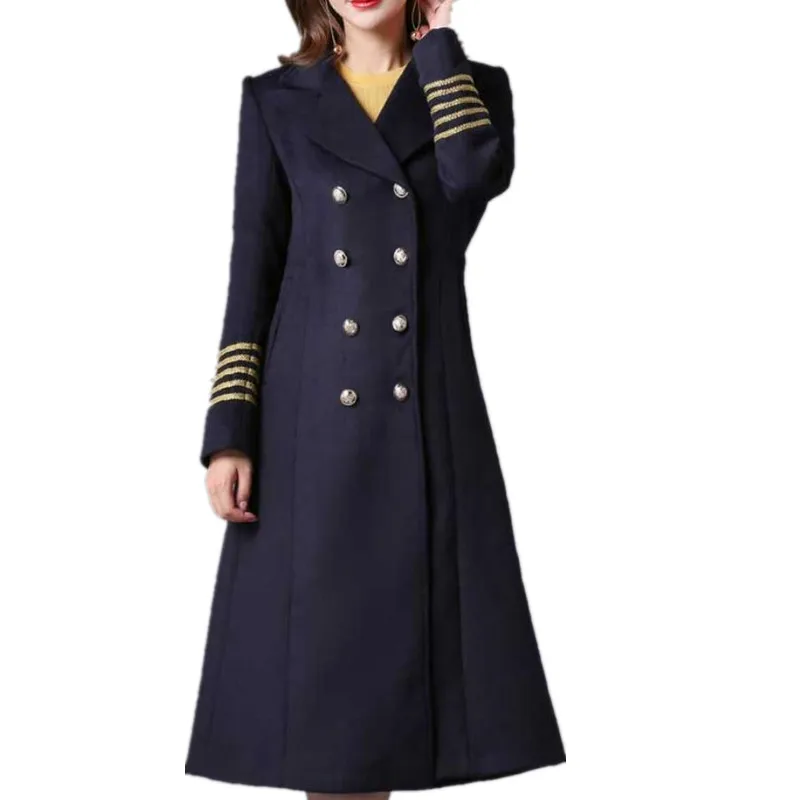 Новое осенне-зимнее шерстяное пальто темно-синего цвета, шерстяное пальто с отложным воротником, Женское пальто средней длины - Цвет: dark blue