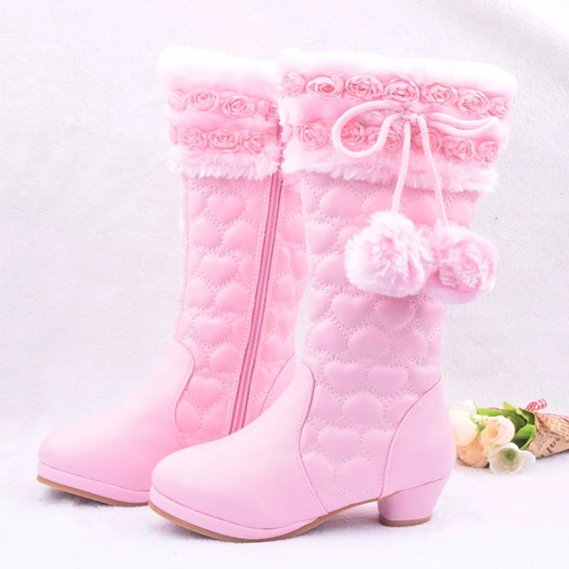 Розовые зимние сапоги для девочек; модная детская теплая обувь; Рождественский подарок; детская обувь; кожаные высокие сапоги принцессы на высоком каблуке для девочек