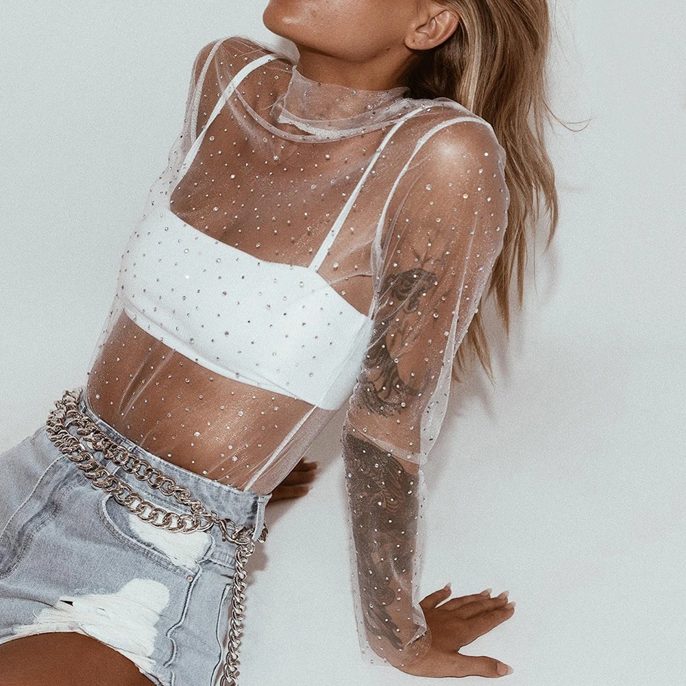 Women Sheer Mesh Sequins Tops Glitter 