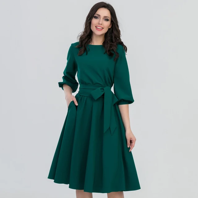 2020 Autumn Vintage Soild Lantern Sleeve A-Line Dress Women Elegant O-Neck Half Sleeve Pocket Sashes Knee-Length Casual Dress 4
