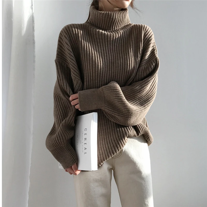 Neophil, большие размеры, вязанные зимние женские пуловеры, свитера, водолазка с рукавом-фонариком, одноцветные базовые, зимние повседневные свободные топы W9112 - Цвет: Коричневый