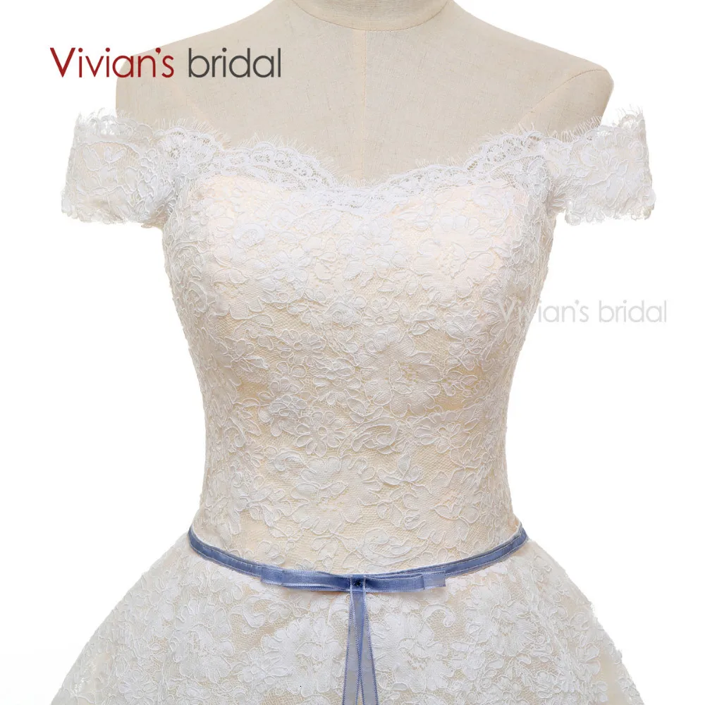 Boat Neck Champagne Wedding Dresses with White Lace (4)