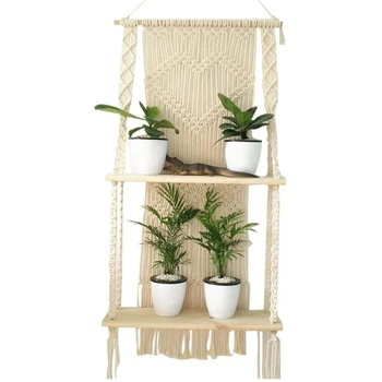 

Wall Hanging Rack,Double Wooden Plant Rack,Swing Rope Floating Rack,Handmade Bohemian Home Wall Decoration,Balcony,Shop