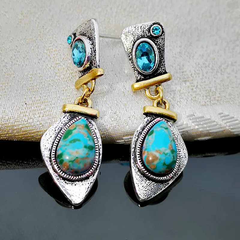 Винтажные тибетские серебряные серьги-капельки синие каменные синие Висячие серьги для женщин Boho Brincos массивные ювелирные изделия