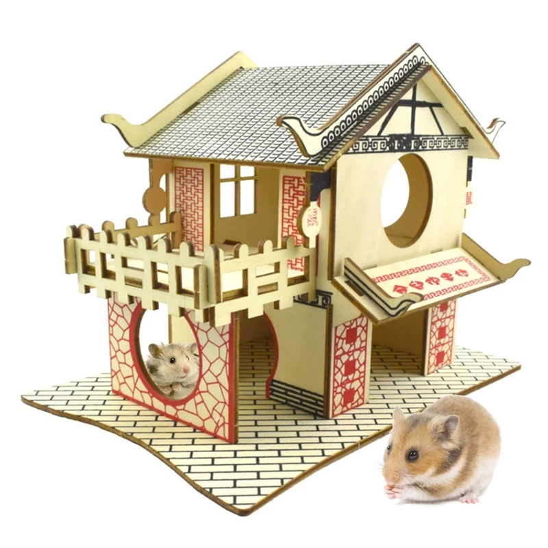Hamster Hideout Wooden Hut Small Animals Double Layer Villa Rat Room House Cage Exercise Toy with Ladder Board small animals pet exercise toy pet toys hamster toy