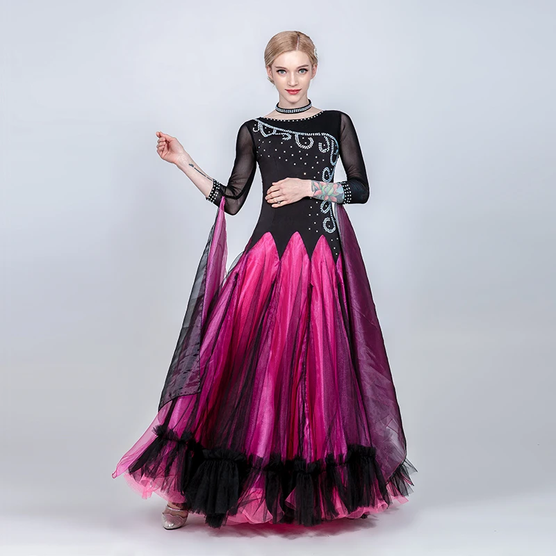 Rose red Dress Новые Бальные платья для танцев многоцветные Стразы танцевальные костюмы фламенко Вальс Танго Конкурс одежда для современных танцев PY278 - Цвет: Rose red Dress