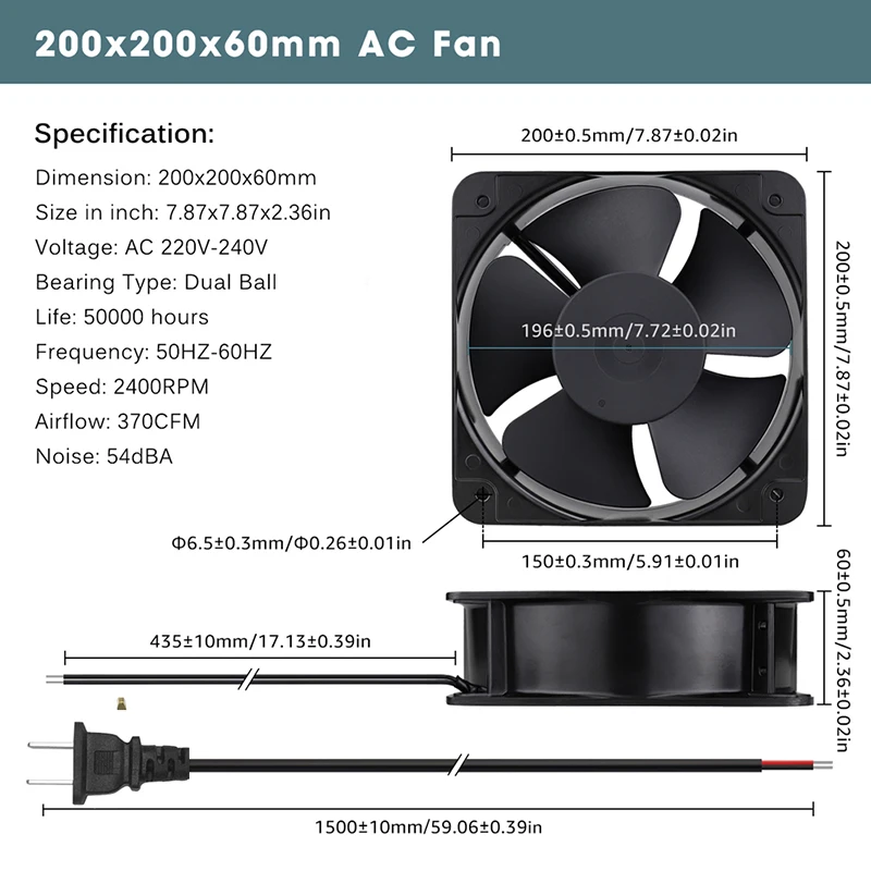 Gdstime-ventilador Axial ac 220v 200 mm 200x200x60 mm Ventilador Industrial de Esfera 20cm Grande Volume de ar 200 mm x 60 mm Refrigerador de Armazém 1pc - Imagem 3