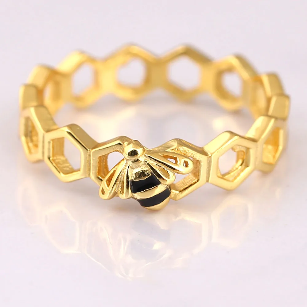 Autentico Anello In Argento Sterling 925 In Edizione Limitata Honeybee Pan Shine & Black Enamel Fit Eur Opean Jewelry