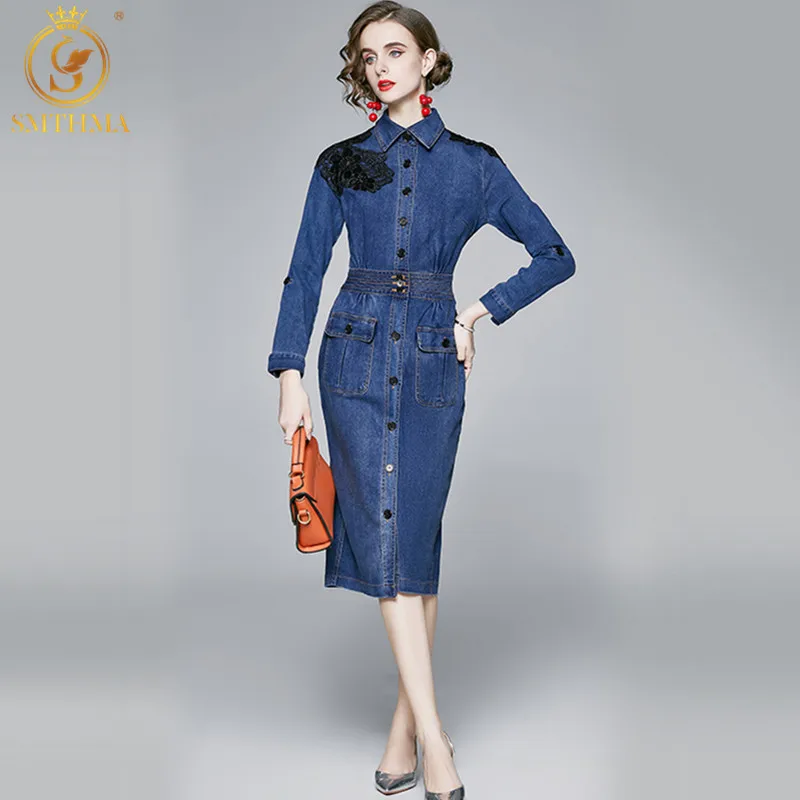 Women Autumn And Winter Vintage Denim Dresses High Quality Long Sleeve