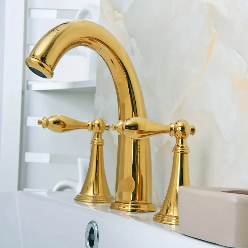 Luxury Gold Color Brass Dual Lever 3 Holes Install Widespread Deck