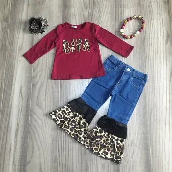 

girlymax children Girls fall winter outfit girls leopard DNA raglan girl bell bottom jean set with accessories