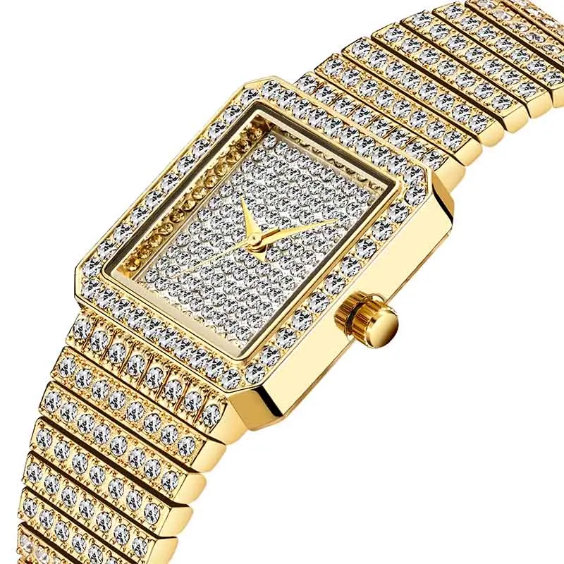 MISSFOX алмазные часы для женщин люксовый бренд женские Золотые Квадратные наручные часы минималистичные аналоговые кварцевые Movt уникальные женские часы со льдом - Цвет: 2689-1