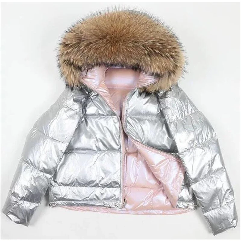 Женская зимняя куртка с воротником из натурального Лисьего меха, женский свободный короткий пуховик, куртка на белом утином пуху, плотный теплый пуховик - Цвет: Silver 4