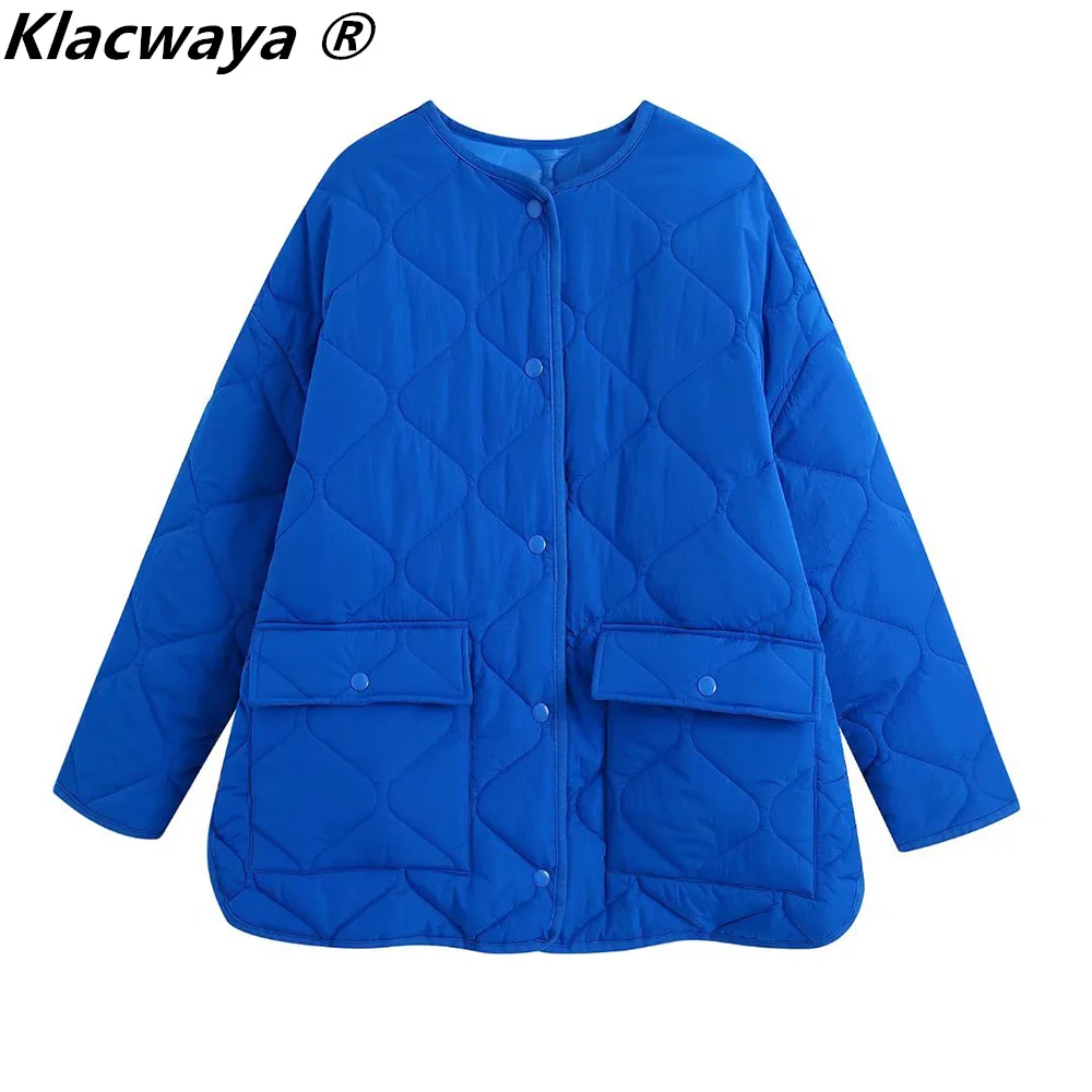 

Стеганые пальто Klacwaya, женская зимняя куртка, теплая куртка оверсайз, однотонная однобортная Повседневная Женская куртка Королевского синего цвета с карманами