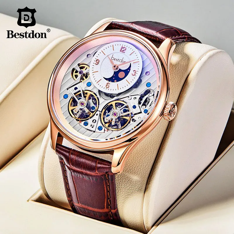 Bestdon Мужские автоматические механические часы с двойным Tourbillon, водонепроницаемые швейцарские часы со скелетом, мужские роскошные Брендовые Часы 7164