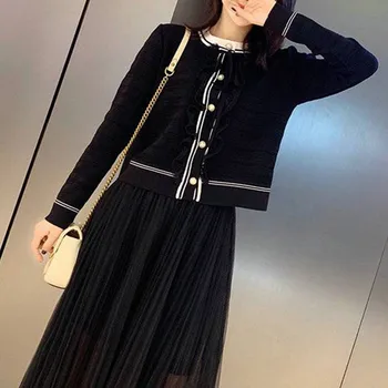 

Women's Black Knitted Sweater O-neck Single Breasted Long Sleeve Lace Pearl Button Cardigan Casual Ladies Clothing