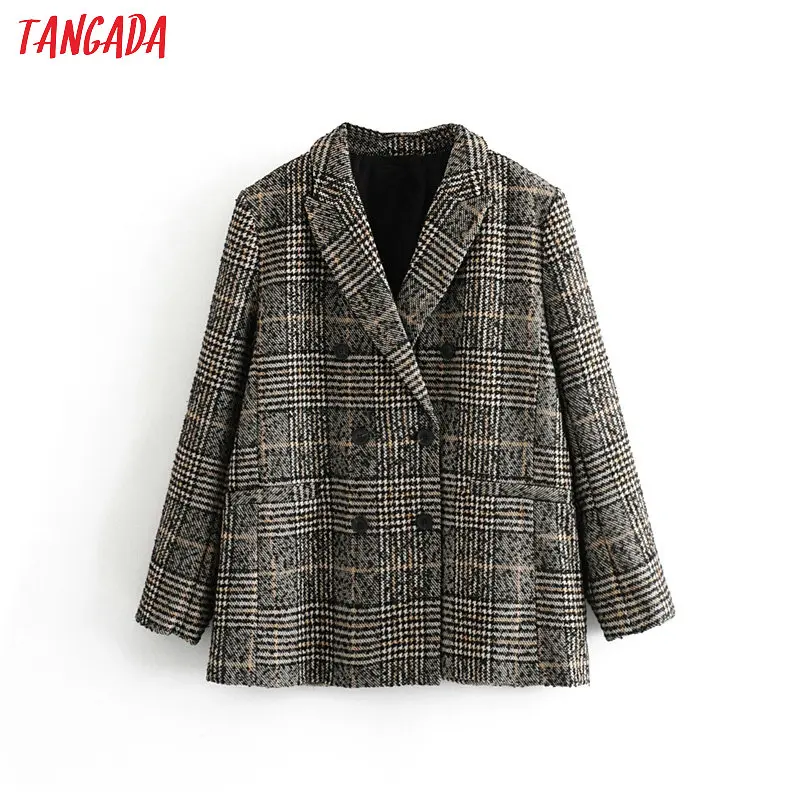 

Tangada women autumn winter double breasted suit jacket casual ladies vintage plaid blazer pockets tops 3H158