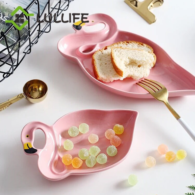 

Pink Flamingo Dinner Plate Bone China Snack Dessert Cake Dish Plate Salad Fruit Dishes Children Tableware Kitchen Accessories