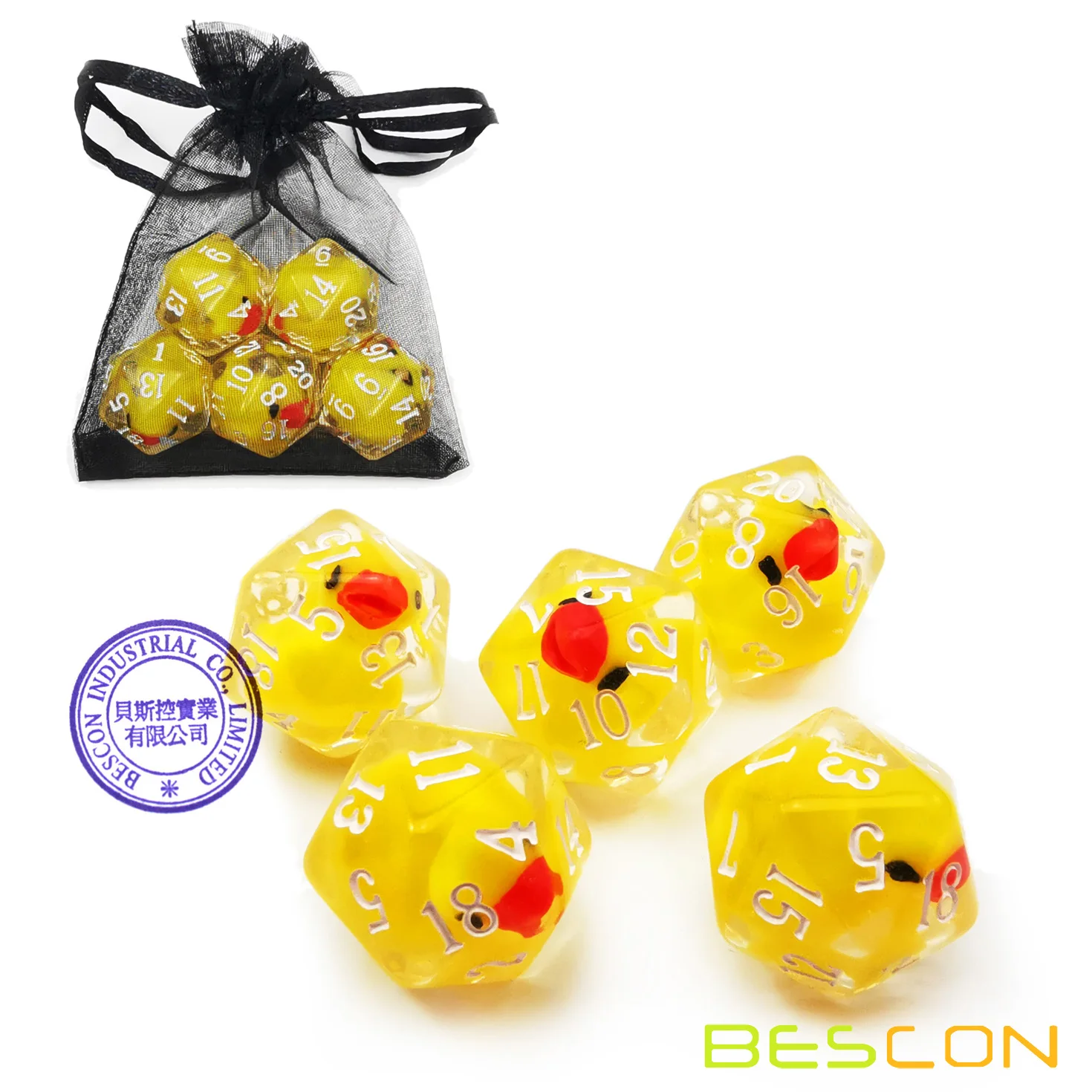 Bescon Yellow Duck 20 sides Dice set of 5, Duck D20 5pcs Set