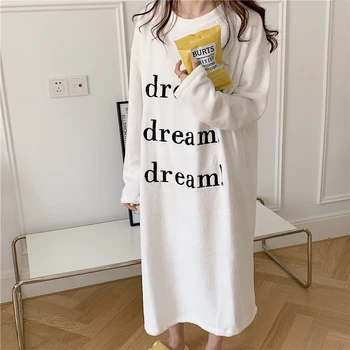 

women warm letter embroidery winter nightgown long sleeve o neck home clothes dress sleepwear velvet nightdress loose korea Y164