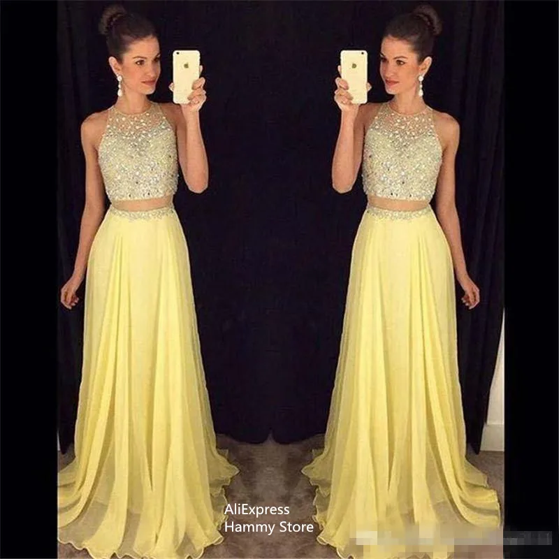 

2019 New Cheap Two Pieces Prom Dresses Jewel Neck Yellow Peach Chiffon Long Crystal Beads 2 Pieces Open Back Party Dress Evening