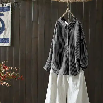 

2020 Vintage Women Shirt ZANZEA Ladies Casual Loose Long Sleeve Blouse Striped Print Lapel Neck Blusas Femininas Chemiser Mujer