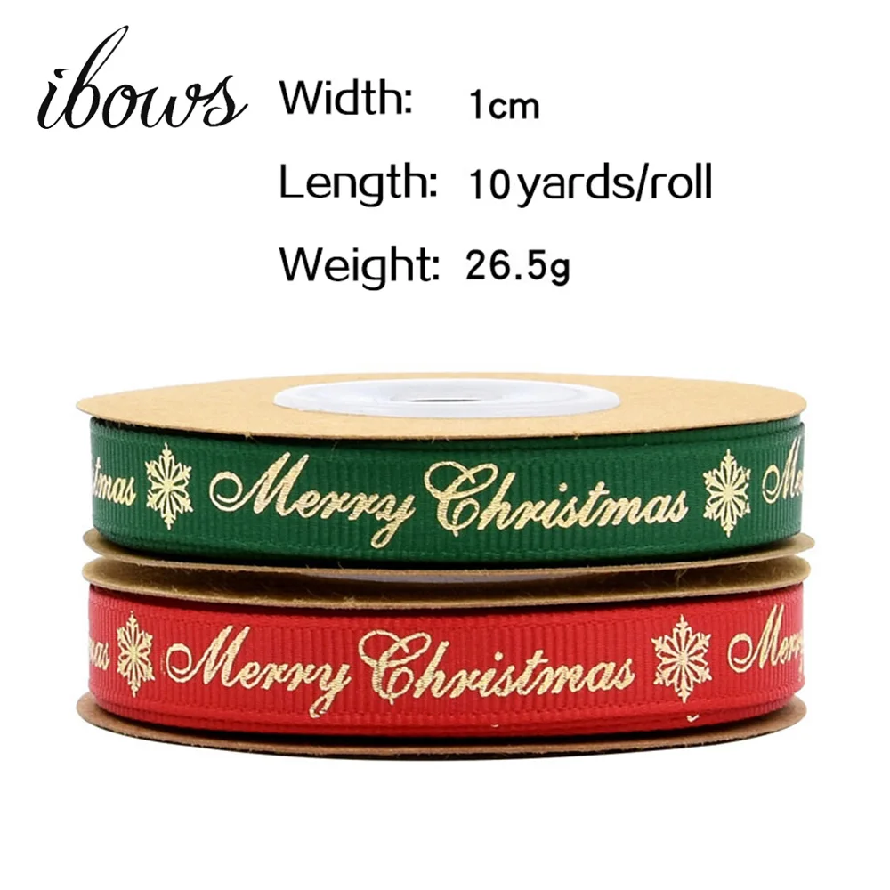 

IBOWS 10mm 10yards Merry Christmas Grosgrain Ribbon For DIY Craft Letter Printed Bronzing Tape For Needlework Packing Decoration