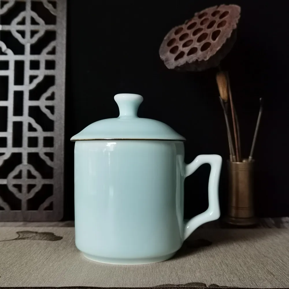 

Coffee Mug Teacup with Lid 18.5oz Porcelain Office Cup Ceramic Chinese Style Celadons Drinkware Microwave and Dishwasher Safe