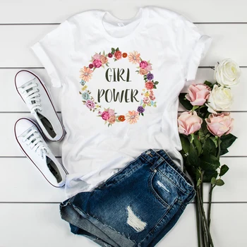 

Women Lady T Shirt Girl Power Flower Floral Print Tshirt Ladies Short Sleeve Tee Shirt Women Female Tops Clothes Graphic T-shirt