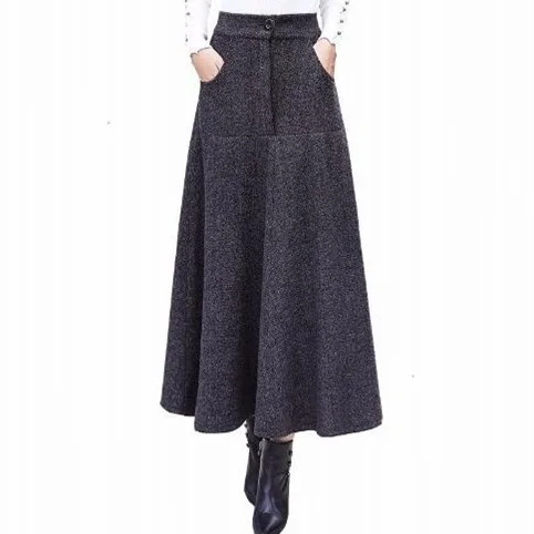 Vintage Striped Woolen Skirts Women Winter Fashion High Waist Office Warm Pleated Long Skirt Ladies Saia Longa AQ694
