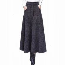 Vintage Striped Woolen Skirts Women Winter Fashion High Waist Office Warm Pleated Long Skirt Ladies Saia Longa AQ694