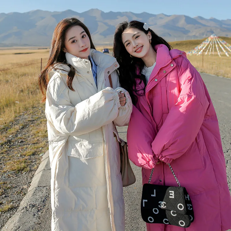 

New white down jacket women's mid-length winter thickened hooded loose and thin over-the-knee white duck down coat