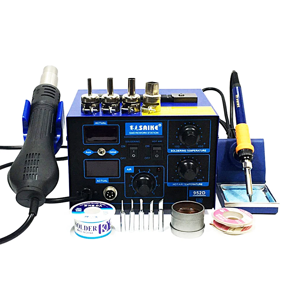 

760W 2 In 1 Rework Soldering Station Hot Air Gun Solder SAIKE 952D Dual Digital Temperature Display BGA SMD PCB IC Repair Tools