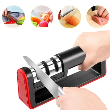 

Rantion Kitchen Knife Sharpener 3-Stage Knives Household Handle Ceramic Sharpening Grindin Non-slip Base Kitchen Tools