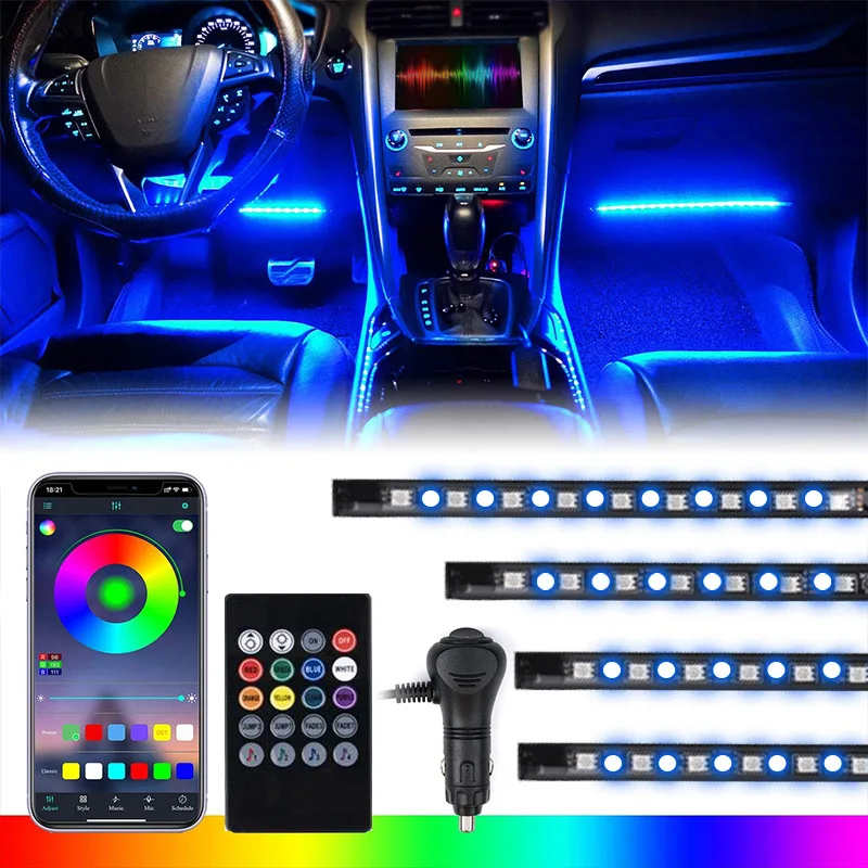 Led Car Interior Backlight With Usb Cigarette Lighter Ambient Atmosphere Mood Light Rgb Remote App Auto Foot Decorative Lamp | Автомобили
