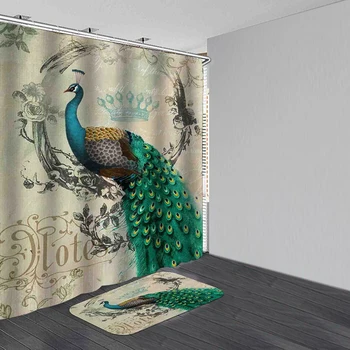 

Peacock Bath Curtains Retro Flower Birds Shower Curtain Waterproof Bathroom Polyester Fiber Chinese Bath Screen Bathroom Decor
