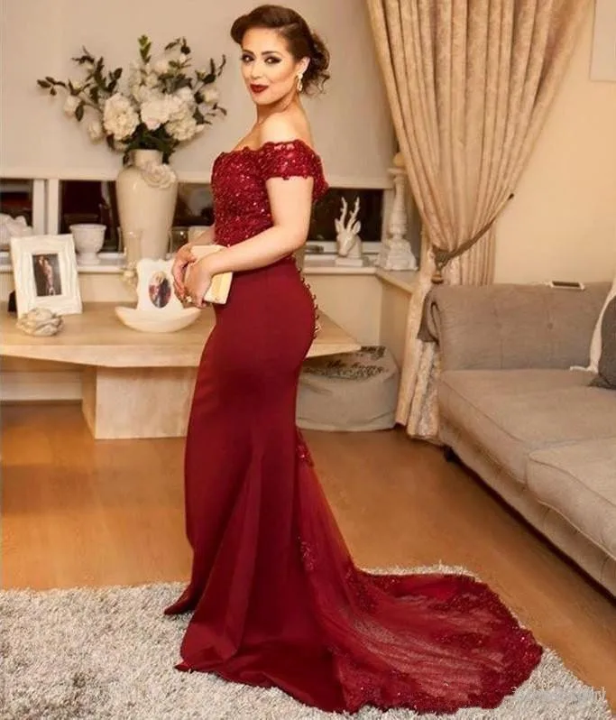 Винтаж бордовый vestido de madrinha с открытыми плечами Русалка Кружева Аппликация мать невесты платья для женщин торжественное платье - Цвет: Picture color