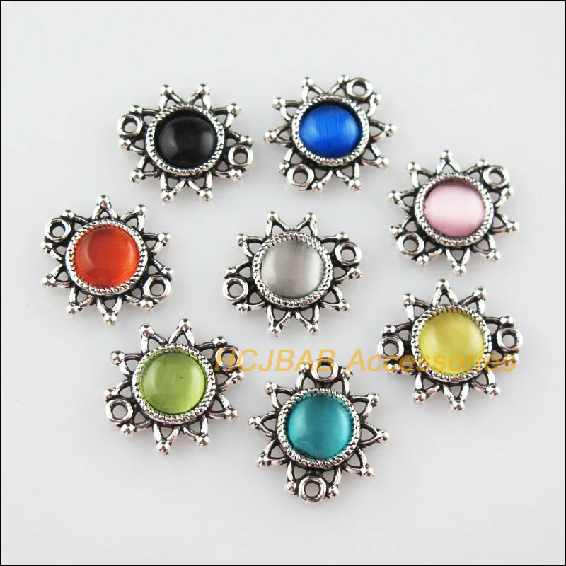 

16 New Flower CatEye Stone Connectors Mixed Charms Tibetan Silver Pendant 14x15mm