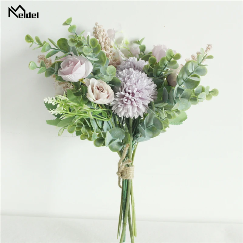 Meldel Wedding Flower Bouquet Artificial Silk Rose Lucky Ball Flower Home Wedding Decor Bride Bouquet Forest Style Eucalyptus