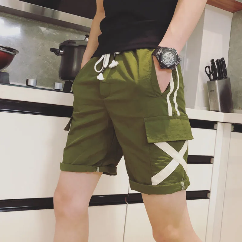 Pantalones cortos ajustados Bermudas masculinas de color negro, verde militar, a rayas laterales, de verano, 2021 - AliExpress Ropa de