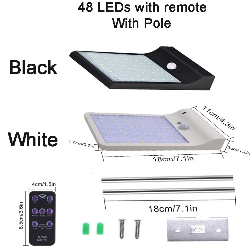 Светильник на солнечной батарее для наружного сада, светодиодный светильник на солнечной батарее, настенный светильник, PIR датчик движения, водонепроницаемый, IP65, декоративный - Испускаемый цвет: 48 LEDs With Pole