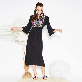

High Quality Women'S Embroidery Flower Sleeves Belt Retro National Style Temperament Dress 2020 Spring And Summer New