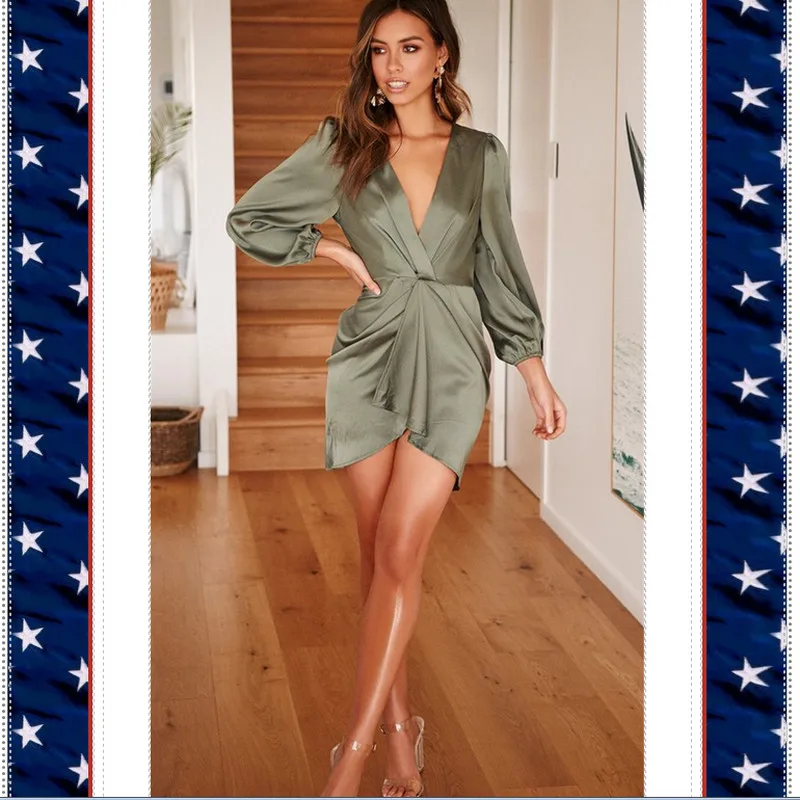 Womens Dress Long Sleeve  Sexy Deep V-Neck Frill Irregular Solid Color Mini Evening Cocktail Party Dresses Autumn Dress Womens