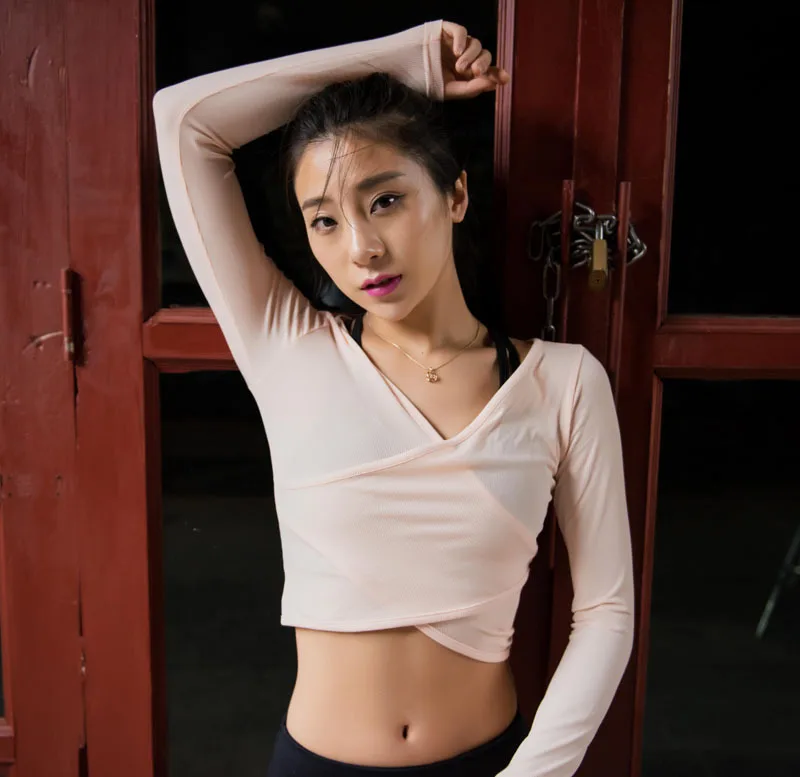 

New Style Fitness Yoga Sports Coat Long Sleeve Short Cross V-neck Navel T-shirt Dance Blouse