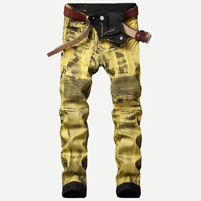 Fashion Streetwear Men Jeans Golden Silver Coating Paint Deisgner Motor Biker Jeans Homme Punk Pants Spliced Hip Hop Jeans Men - Color: Golden