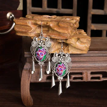 

VINTAGE ETHNIC PEACOCK EMBROIDERY LONG WOMEN'S EARRINGS EXAGGERATED PENDANT BOHO SEEDLING SILVER FEMALE JEWELRY PUSHEEN