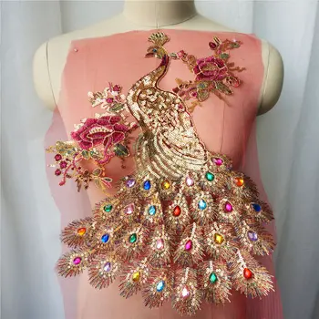 

Sequin Peacock Rainbow Rhinestone Feather Tail Embroidered Gown Appliques Lace Fabric Red Mesh Sew Patch For Wedding Decoration